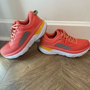 Hoka Coral Running Shoes with Yellow and White Accents